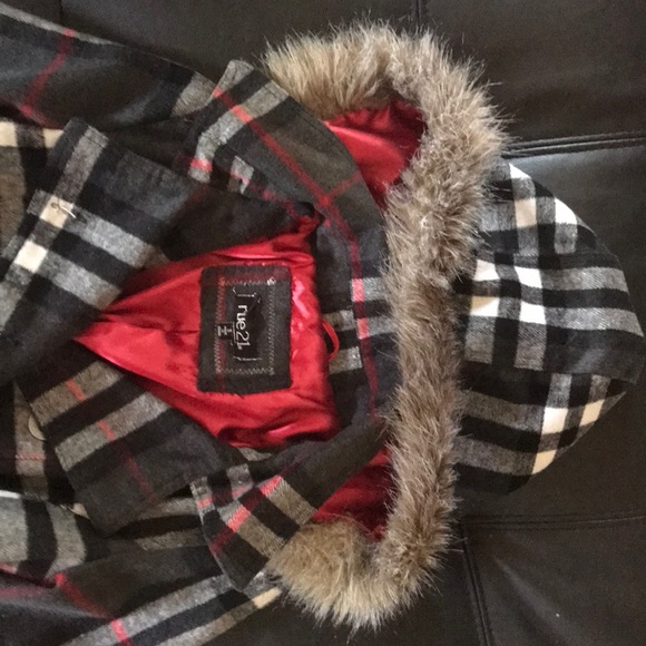 Plaid Peacoat with Fur-lined Hood - Picture 2 of 4